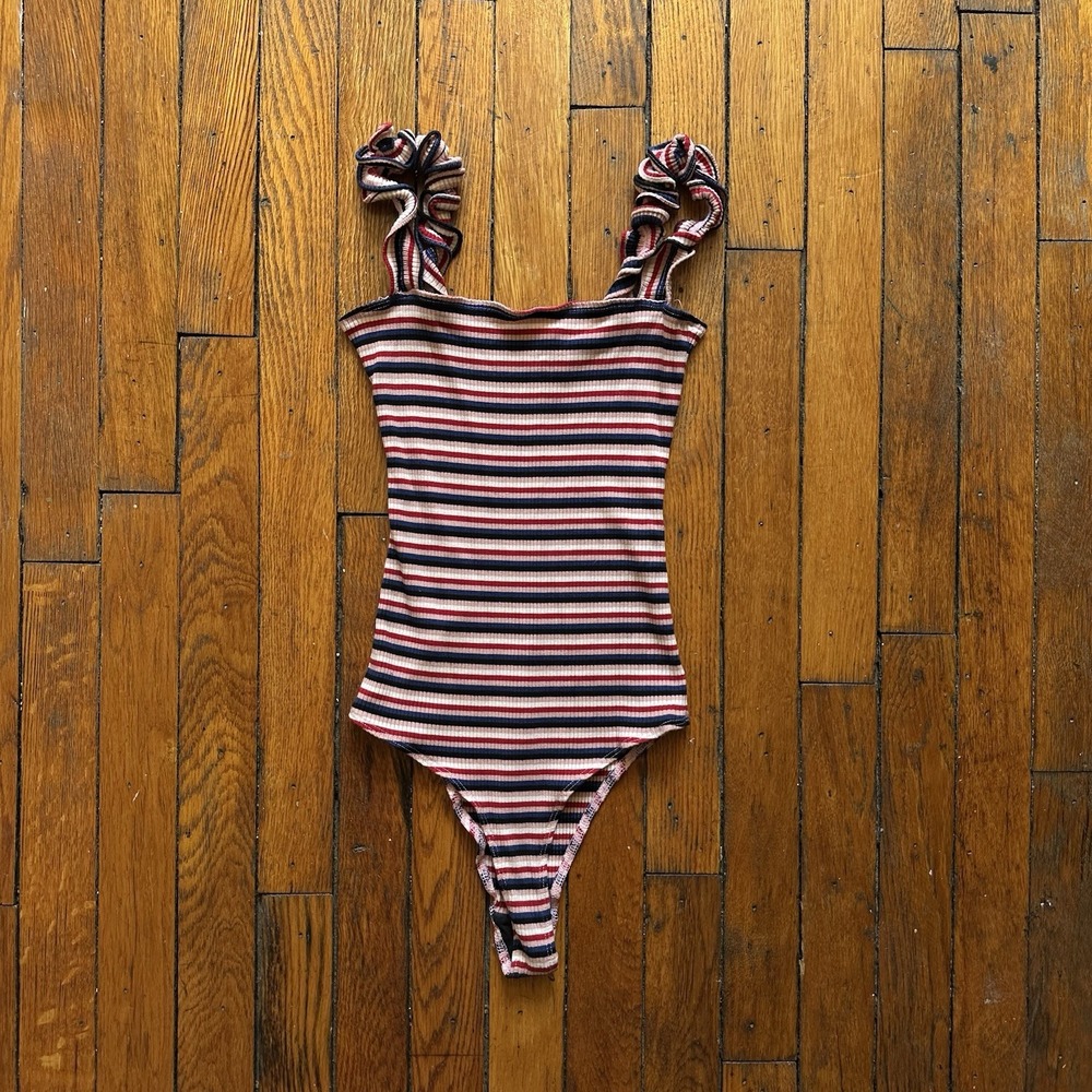 Reformation Hampton Stripe Ruffle Trim Bodysuit Women Size S Multicolor‎ Party